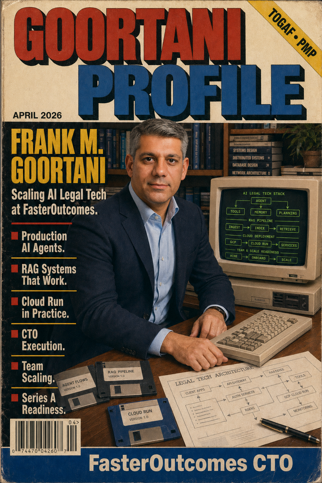 Retro magazine cover profile of Frank Goortani